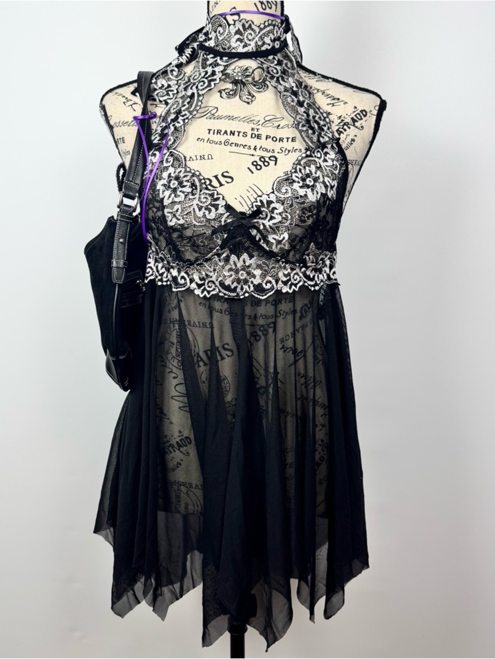 Sheer Lace Halter Babydoll Nightdress - Black